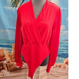 Shein Red Faux Raffinea Surplice Neck Sheer Lantern Sleeve Bodysuit Size L